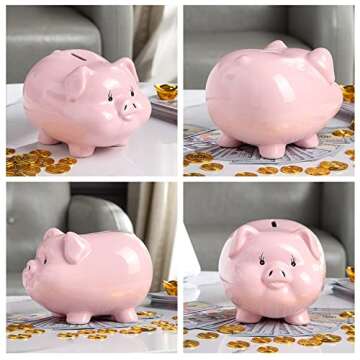 PIG WORLD 7" Piggy Bank for Adults,Ceramics,Piggy Bank for Kids,Alcancias De Dinero para Adultos Niños,Girls Piggy Bank for Boys,Tip Jar,Coin Bank,Real Money Box for Cash Gift,Safe for Cash Saving