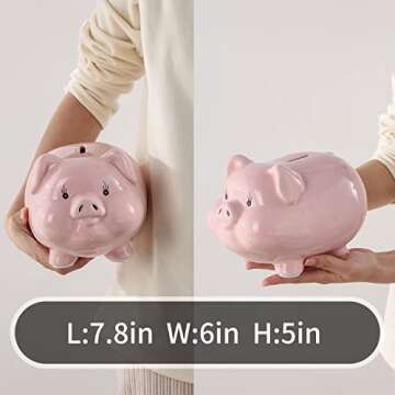 PIG WORLD 7" Piggy Bank for Adults,Ceramics,Piggy Bank for Kids,Alcancias De Dinero para Adultos Niños,Girls Piggy Bank for Boys,Tip Jar,Coin Bank,Real Money Box for Cash Gift,Safe for Cash Saving