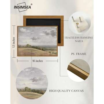 InSimSea Framed Canvas Wall Art Vintage Decor, Landscape Wall Painting Prints, Rolling Hills Pictures for Bedroom Wall Decor, Farmhouse Bathroom Wall Decorations, Office Dining Room Decor, 12"x16"