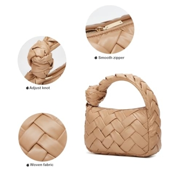 Woven Hobo Bags for Women Knotted Purse Trendy Top Handle Clutch Bag Soft Vegan Leather Handbags Khaki