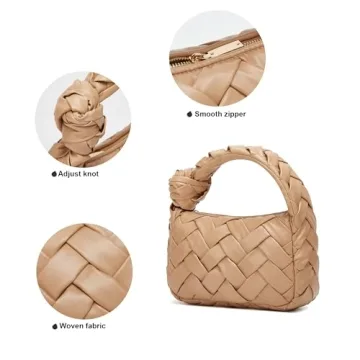 Woven Hobo Bags for Women Knotted Purse Trendy Top Handle Clutch Bag Soft Vegan Leather Handbags Khaki