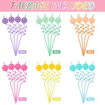 Newtay 24 Pack Pastel Smile Reusable Straw Set One Happy Dude Birthday Smile Face Party Decorations ...