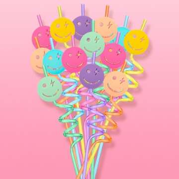 Newtay 24 Pack Pastel Smile Reusable Straw Set One Happy Dude Birthday Smile Face Party Decorations Pastel Party Favor Preppy, Bachelorette, Baby Shower Supplies