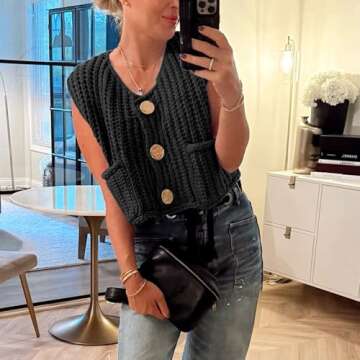 Hixiaohe Womens Chunky Knit Top with Pockets - Stylish Vest