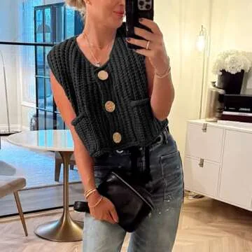 Hixiaohe Womens Chunky Knit Top with Pockets - Stylish Vest