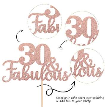 1 PCS 30 & Fabulous Cake Topper Glitter Thirty and Fabulous Cake Toppers Happy 30th Birthday Cake Pick for 30th Wedding Anniversary Birthday Party Cake Decorations Supplies Rose Gold