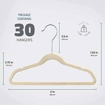 Zober Velvet Baby Hangers for Closet - Pack of 30 Non Slip Toddler Hangers for Shirts, Pants & Dresses w/ Swivel Hook - Durable Infant Hangers w/ Notches - Small Baby Hangers - Ivory