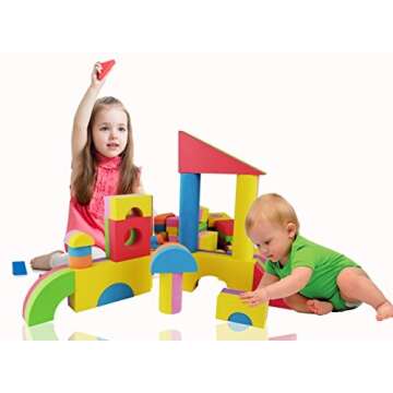 Foam Building Blocks, Building Toy for Girls and Boys, Ideal Blocks Construction Toys for Toddlers, 52 Pieces Different Shapes and Sizes, Waterproof, Bright Colors