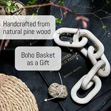 Wood Chain Link Decor with Boho Wall Basket, Aesthetic Chain Decor Set, Decorative Wooden Chain Link Decor, Hand-Made Chain Decor for Coffee Table, Wood Links Home Decor for Inspiration (White)