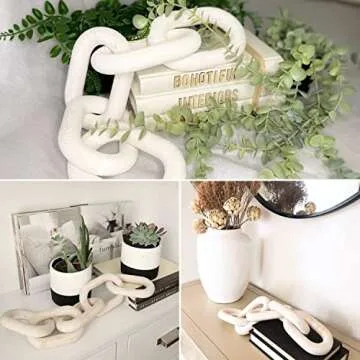 Wood Chain Link Decor with Boho Wall Basket, Aesthetic Chain Decor Set, Decorative Wooden Chain Link Decor, Hand-Made Chain Decor for Coffee Table, Wood Links Home Decor for Inspiration (White)