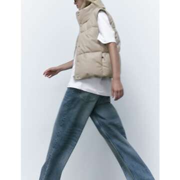 Athlisan Womens Faux Leather Puffer Vest Zip Up Collared Sleeveless Padded Jacket(Beige-XS)