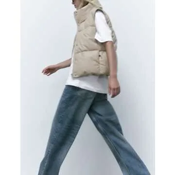 Athlisan Womens Faux Leather Puffer Vest Zip Up Collared Sleeveless Padded Jacket(Beige-XS)