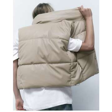 Athlisan Womens Faux Leather Puffer Vest Zip Up Collared Sleeveless Padded Jacket(Beige-XS)