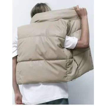 Athlisan Womens Faux Leather Puffer Vest Zip Up Collared Sleeveless Padded Jacket(Beige-XS)