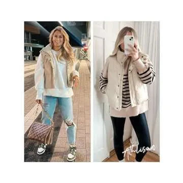 Athlisan Womens Faux Leather Puffer Vest Zip Up Collared Sleeveless Padded Jacket(Beige-XS)