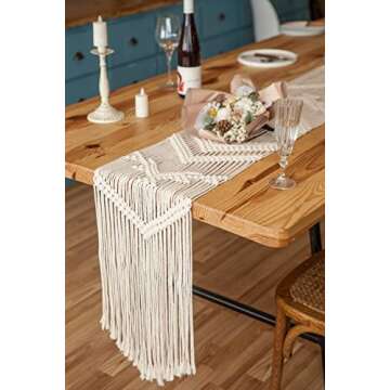Mkono 100 Inches Boho Macrame Table Runner Woven Thanksgiving Christmas Party Decor Handmade Linen Placemats with Tassels Home Decoration for Dining Room Kitchen, 12 x 100 Inches