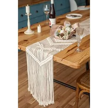 Mkono 100 Inches Boho Macrame Table Runner Woven Thanksgiving Christmas Party Decor Handmade Linen Placemats with Tassels Home Decoration for Dining Room Kitchen, 12 x 100 Inches