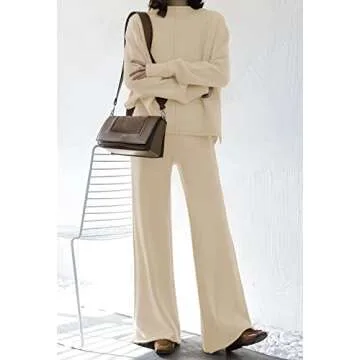 AOHITE Women's Knit Sweatsuit Turtleneck Sweater Top Wide Leg Pants 2 Piece Outfits Apricot Small