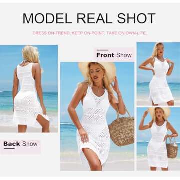 Dokotoo Swim Cover Up for Women 2025 Summer Sexy Cute Crewneck Sleeveless Hollow Out Crochet Knit Split Hem Tunic Swimsuit Coverup Beach Vacation Dresses White Small