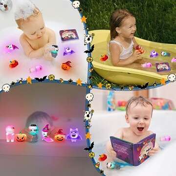 Halloween Light Up Bath Toys for Toddlers Kids, No Hole Bath Toys with Halloween Bath Book, LED Light Bath Time Water Toys for Bath Tubs Bathroom, Halloween Toys & Gift for Toddlers Kids Baby Shower