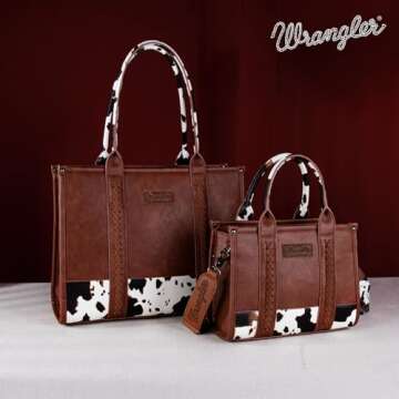Wrangler Cow Print Tote Handbag and Bifold Credit Card Wallet Set