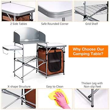 Giantex Folding Grill Table with 26'' Tabletop and Detachable Windscreen, Aluminum Portable Camp Cook Station Carry Bag Quick Set-up, BBQ Camping Picnic Backyard Outdoor Camping Kitchen Table (Brown)