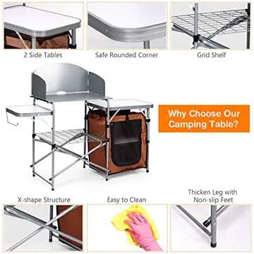 Giantex Folding Grill Table with 26'' Tabletop and Detachable Windscreen, Aluminum Portable Camp Cook Station Carry Bag Quick Set-up, BBQ Camping Picnic Backyard Outdoor Camping Kitchen Table (Brown)