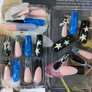 Xiannaipai 24Pcs Square Press-on False Nails, Black, 3D Star Spider Rhinestone Designs, Glossy Finish, Full Cover, 24 Pieces (Pack of 1) for Women and Girls, Ages 12+