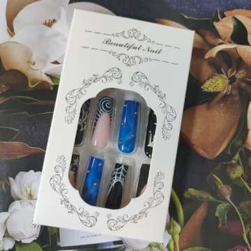 Xiannaipai 24Pcs Square Press-on False Nails, Black, 3D Star Spider Rhinestone Designs, Glossy Finish, Full Cover, 24 Pieces (Pack of 1) for Women and Girls, Ages 12+