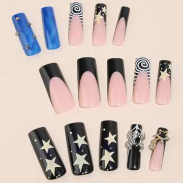 Xiannaipai 24Pcs Square Press-on False Nails, Black, 3D Star Spider Rhinestone Designs, Glossy Finish, Full Cover, 24 Pieces (Pack of 1) for Women and Girls, Ages 12+