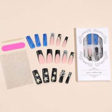 Xiannaipai 24Pcs Square Press-on False Nails, Black, 3D Star Spider Rhinestone Designs, Glossy Finish, Full Cover, 24 Pieces (Pack of 1) for Women and Girls, Ages 12+