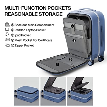 mixi Carry On Luggage, 20'' Suitcases with Spinner Wheels, Rolling Travel Suitcase with Front Laptop Pocket Luggage Aluminum Frame PC Hardside with TSA Lock and Cover, Sapphire Blue