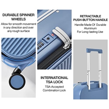 mixi Carry On Luggage, 20'' Suitcases with Spinner Wheels, Rolling Travel Suitcase with Front Laptop Pocket Luggage Aluminum Frame PC Hardside with TSA Lock and Cover, Sapphire Blue