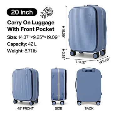 mixi Carry On Luggage, 20'' Suitcases with Spinner Wheels, Rolling Travel Suitcase with Front Laptop Pocket Luggage Aluminum Frame PC Hardside with TSA Lock and Cover, Sapphire Blue