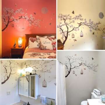 Chinese Style White Flowers Black Tree and Flying Birds Wall Stickers Removable DIY Wall Art Decor D...
