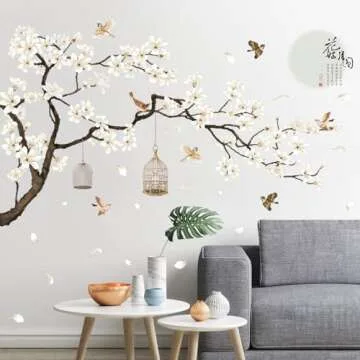 Chinese Style White Flowers Black Tree and Flying Birds Wall Stickers Removable DIY Wall Art Decor Decals Murals for Offices Home Walls Bedroom Study Room Wall Decaoration, 50inchx74inch