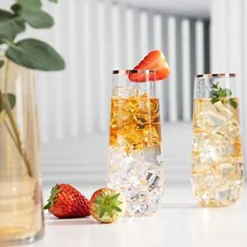 SUT 24PCS Rose Gold Champagne Flutes Plastic, 9oz Stemless Plastic Champagne Glasses, Rose Gold Rim Clear Plastic Toasting Glasses, Unbreakable, Shatterproof Mimosa Glasses, For Party,Shower