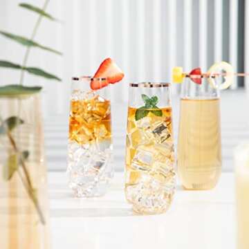 SUT 24PCS Rose Gold Champagne Flutes Plastic, 9oz Stemless Plastic Champagne Glasses, Rose Gold Rim Clear Plastic Toasting Glasses, Unbreakable, Shatterproof Mimosa Glasses, For Party,Shower