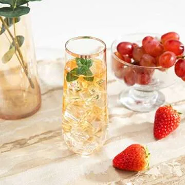 SUT 24PCS Rose Gold Champagne Flutes Plastic, 9oz Stemless Plastic Champagne Glasses, Rose Gold Rim Clear Plastic Toasting Glasses, Unbreakable, Shatterproof Mimosa Glasses, For Party,Shower