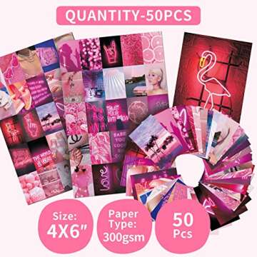 50pcs Wall Collage Kit Pink Aesthetic Pictures for Bedroom Decor - Aesthetic Room Decor for Teen Girls, Wall Art, Indie Room Decor, Vsco Posters Neon Pink Wall Pictures for Wall Decor (4x6 Inches)