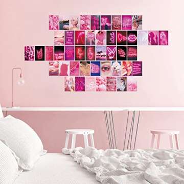 50pcs Wall Collage Kit Pink Aesthetic Pictures for Bedroom Decor - Aesthetic Room Decor for Teen Girls, Wall Art, Indie Room Decor, Vsco Posters Neon Pink Wall Pictures for Wall Decor (4x6 Inches)