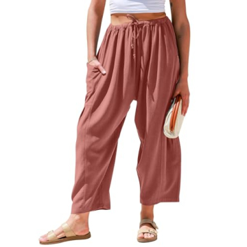 TARSE Women's Linen Wide Leg Pants - Casual Loose Drawstring Low Waist Harem Pants with Pockets in D...