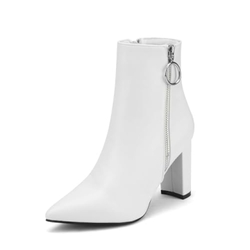 DREAM PAIRS Women's Chunky Heel Ankle Booties Pointed Toe Short Boots,Size 8,White/Pu-3,SIANNA