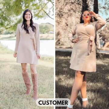 EXLURA Women's Long Sleeve Tie Waist Sweater Dress