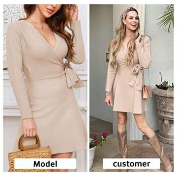EXLURA Women's Long Sleeve Tie Waist Sweater Dress