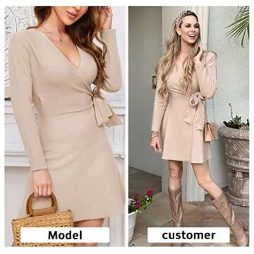 EXLURA Women's Long Sleeve Tie Waist Sweater Dress