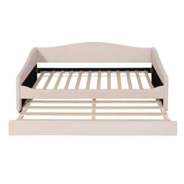 BOHOUSE Twin Size Daybed with Trundle, Upholstered Teddy Fleece Twin Daybed Sofa Bed Frame with Light, Furniture for Bedroom, Living Room, Guest Room, Beige