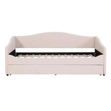 BOHOUSE Twin Size Daybed with Trundle, Upholstered Teddy Fleece Twin Daybed Sofa Bed Frame with Light, Furniture for Bedroom, Living Room, Guest Room, Beige