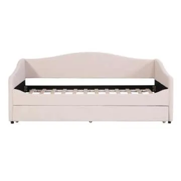 BOHOUSE Twin Size Daybed with Trundle, Upholstered Teddy Fleece Twin Daybed Sofa Bed Frame with Light, Furniture for Bedroom, Living Room, Guest Room, Beige