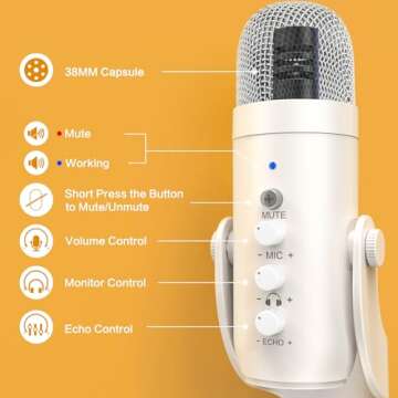 ZealSound USB Microphone,Quick Mute Noise Cancel for Phone Computer PC PS5,Gaming Microphone with Gain Control,Echo Monitor Volume Adjust for Streaming Vocal Recording ASMR Podcast Video K66 White